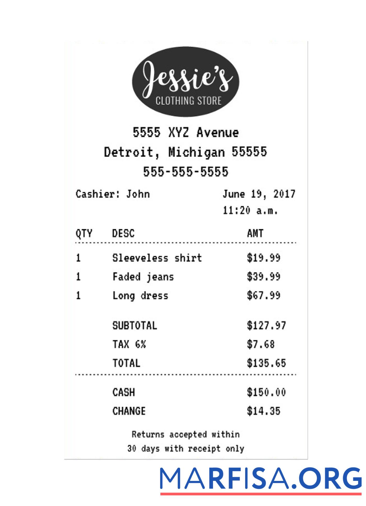Downloadable JESSIE'S CLOTHING STORE receipt download for verification